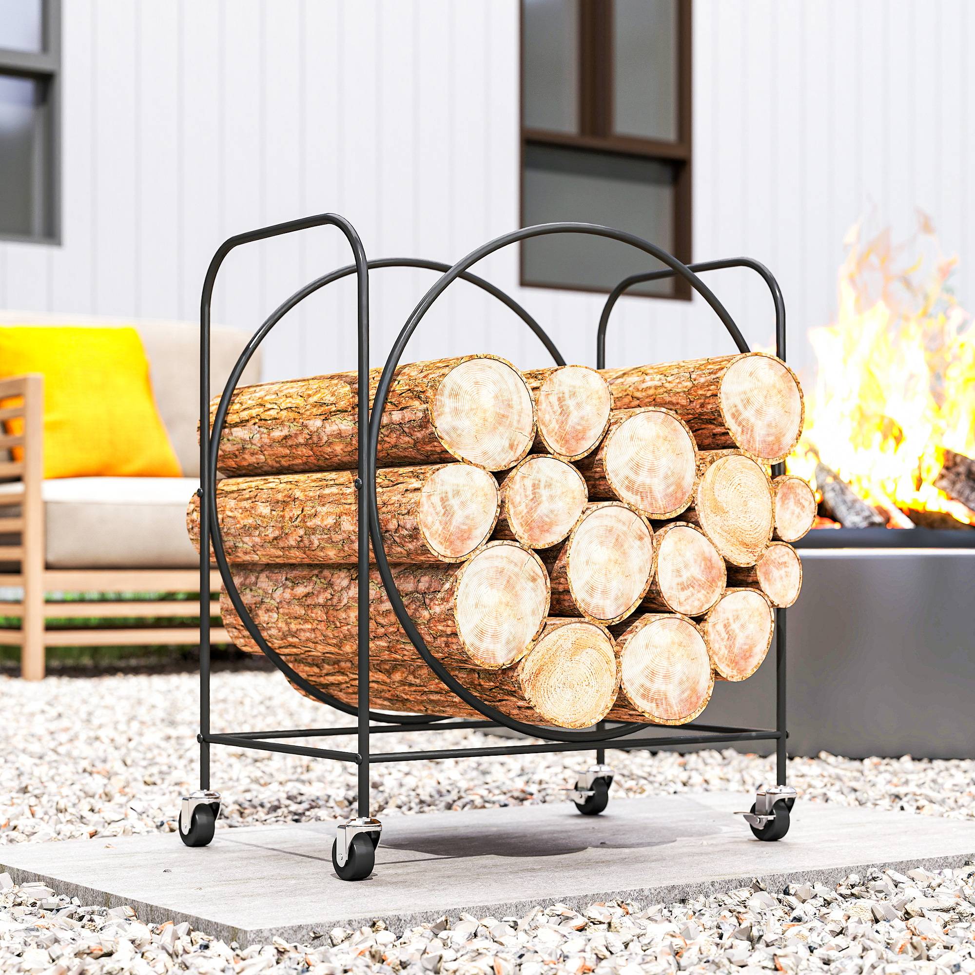 Porte-bûches en métal avec roulettes pour cheminée, utilisable à l'intérieur et à l'extérieur, 51 x 30 x 60 cm, noir - Image 10