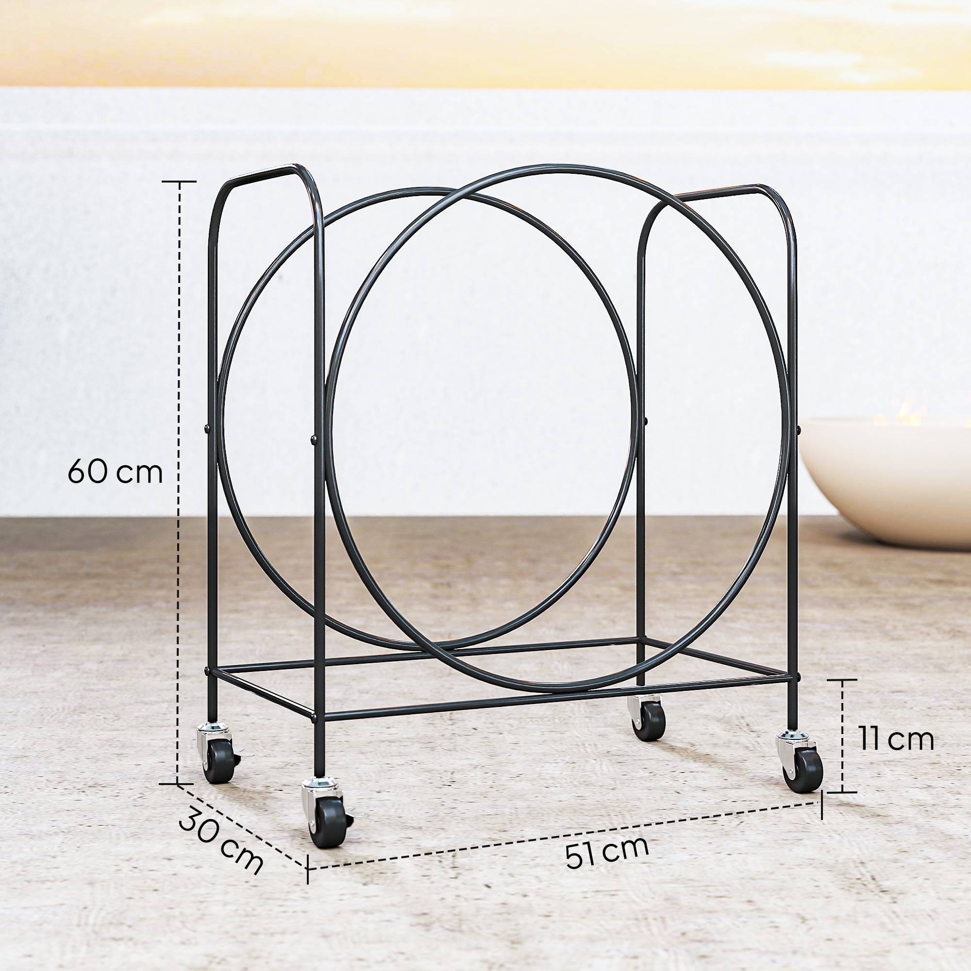 Porte-bûches en métal avec roulettes pour cheminée, utilisable à l'intérieur et à l'extérieur, 51 x 30 x 60 cm, noir - Image 5