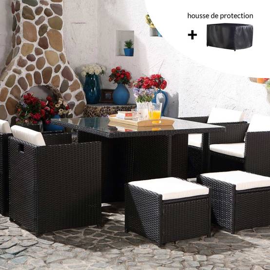 Salon de jardin 8 places noir-blanc + housse de protection MIAMI - Image 1