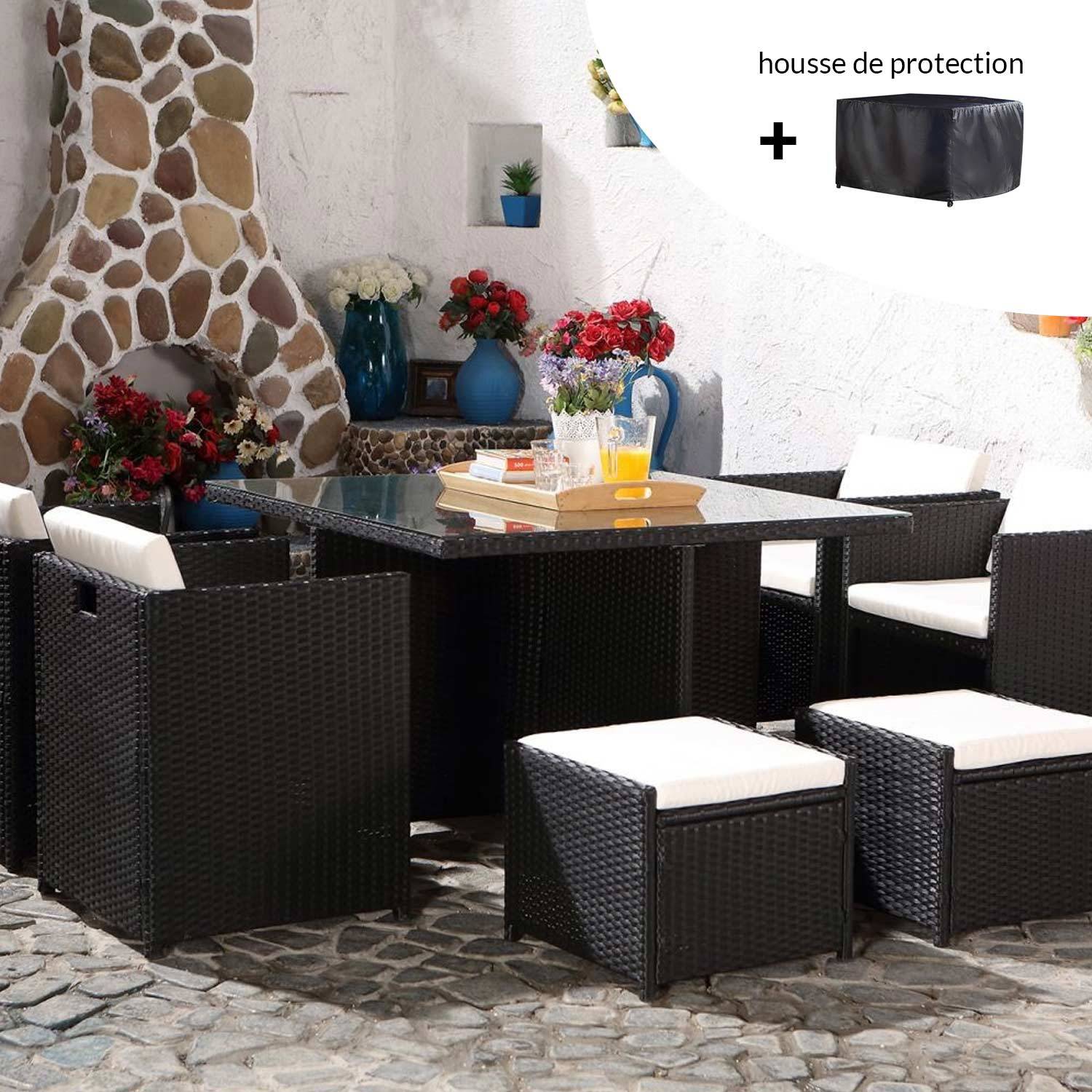 Salon de jardin 8 places noir-blanc + housse de protection MIAMI