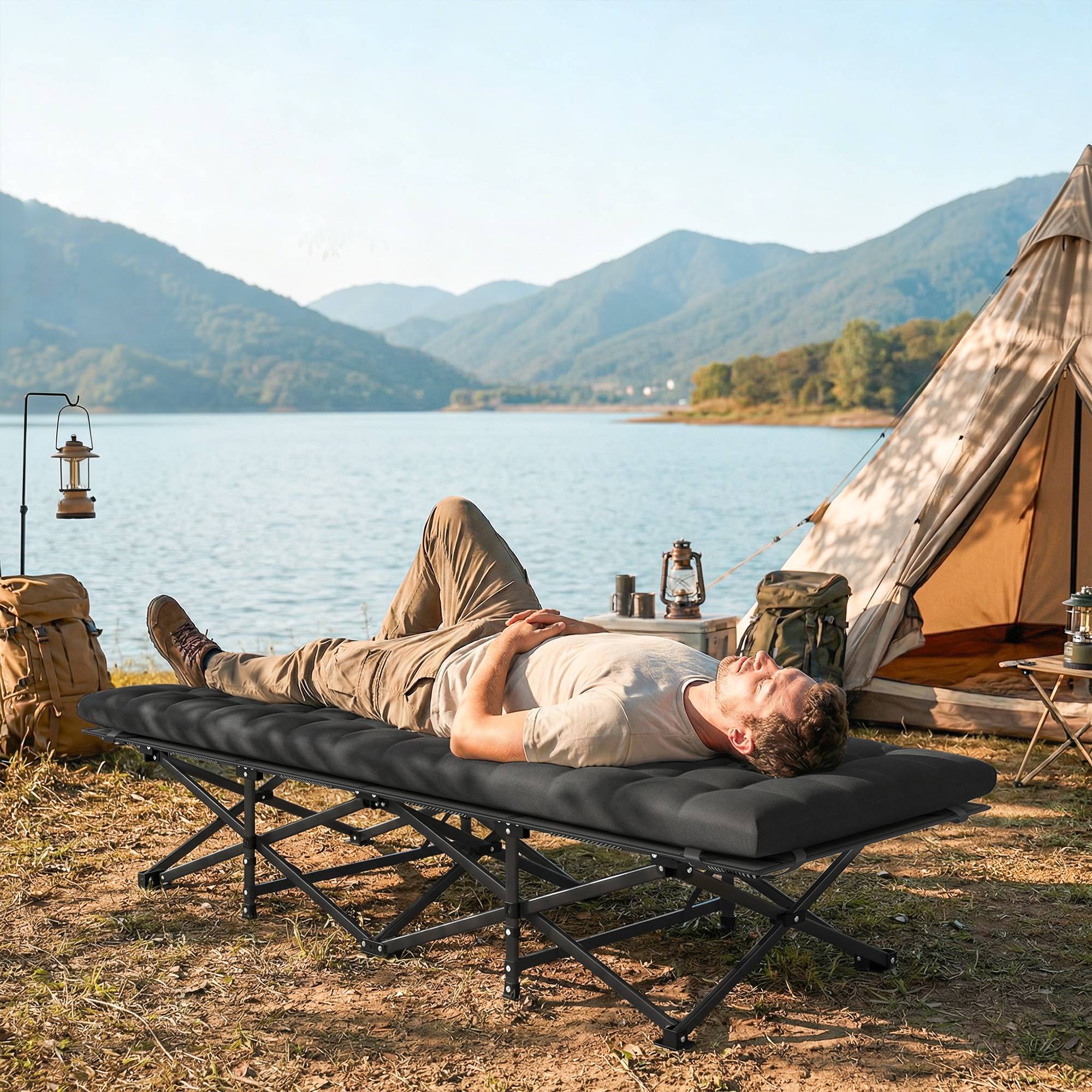 Lit de camp pliant avec matelas amovible en tissu Oxford 600D, appui-tête et sac de transport, capacité de charge 200 kg, noir - Image 4