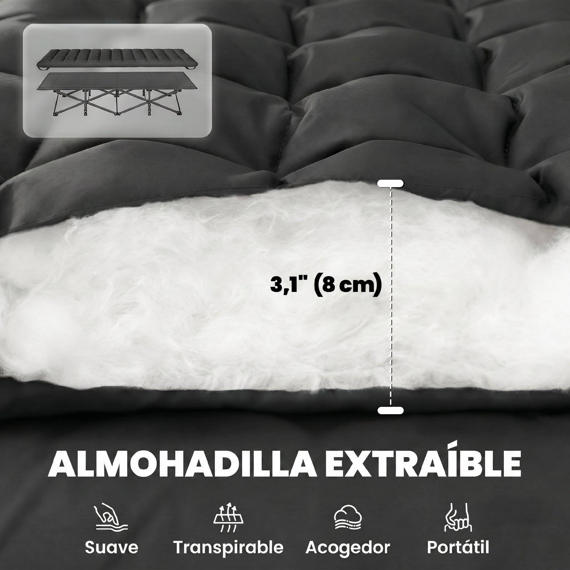 Lit de camp pliant avec matelas amovible en tissu Oxford 600D, appui-tête et sac de transport, capacité de charge 200 kg, noir - Image 6