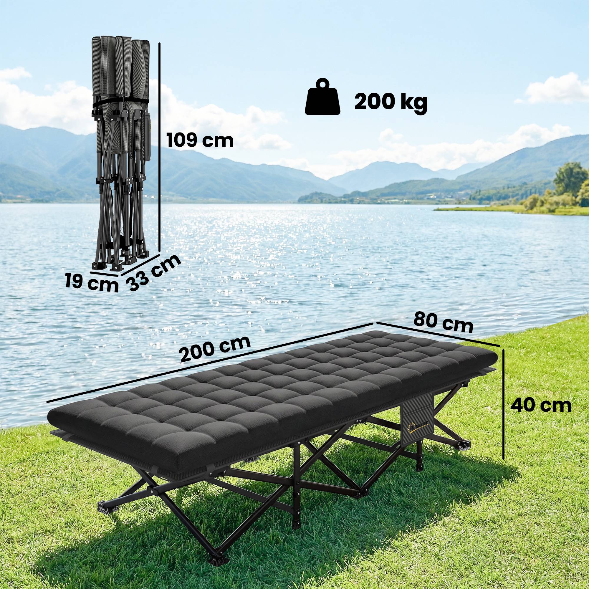 Lit de camp pliant avec matelas amovible en tissu Oxford 600D, appui-tête et sac de transport, capacité de charge 200 kg, noir - Image 5