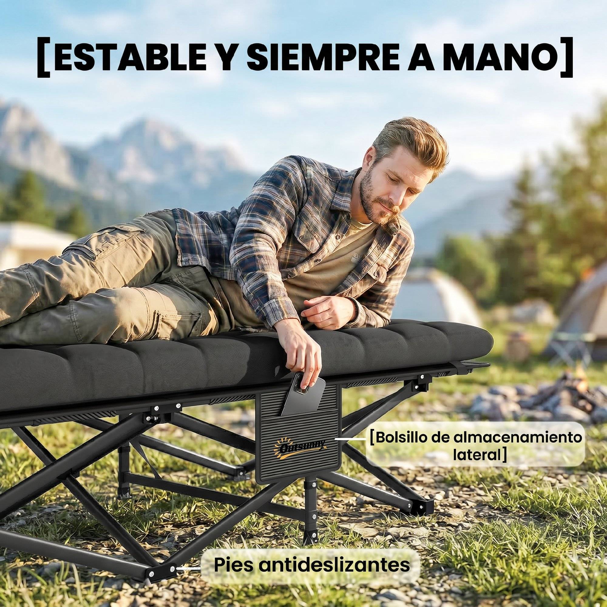 Lit de camp pliant avec matelas amovible en tissu Oxford 600D, appui-tête et sac de transport, capacité de charge 200 kg, noir - Image 10