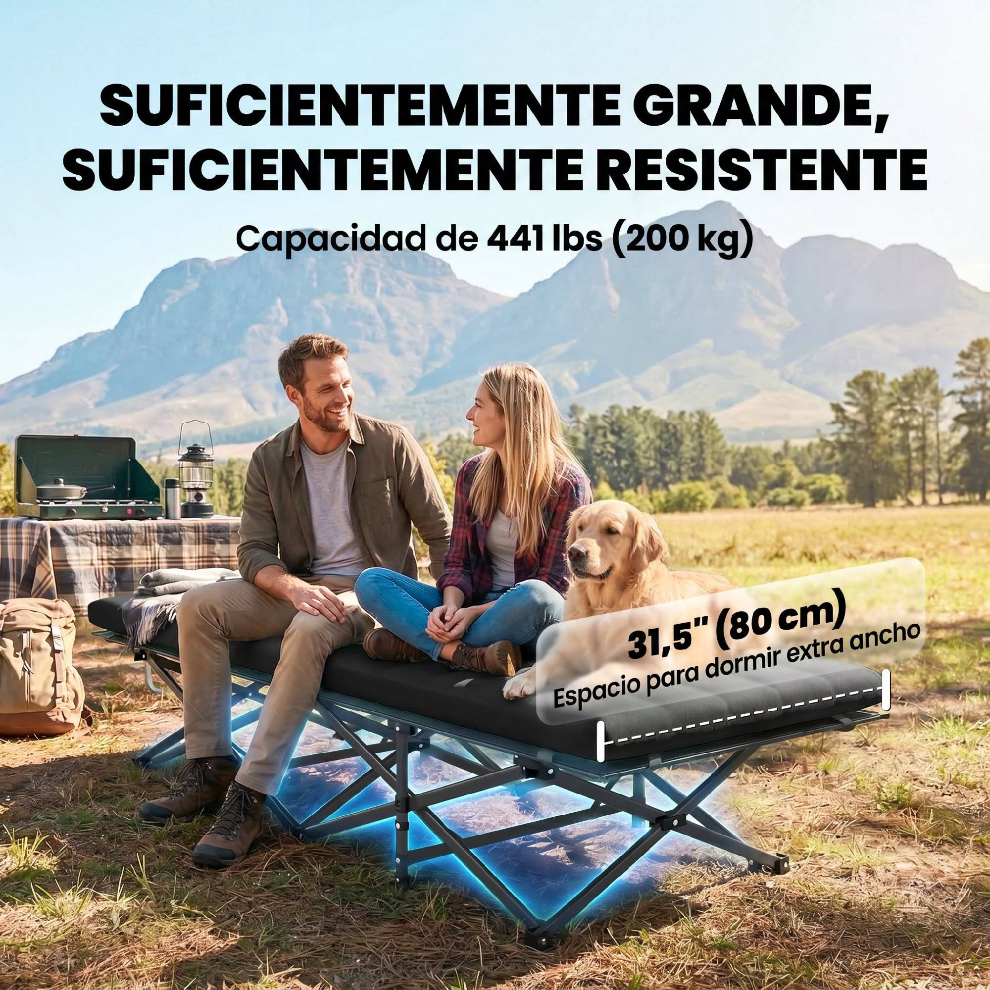 Lit de camp pliant avec matelas amovible en tissu Oxford 600D, appui-tête et sac de transport, capacité de charge 200 kg, noir - Image 7