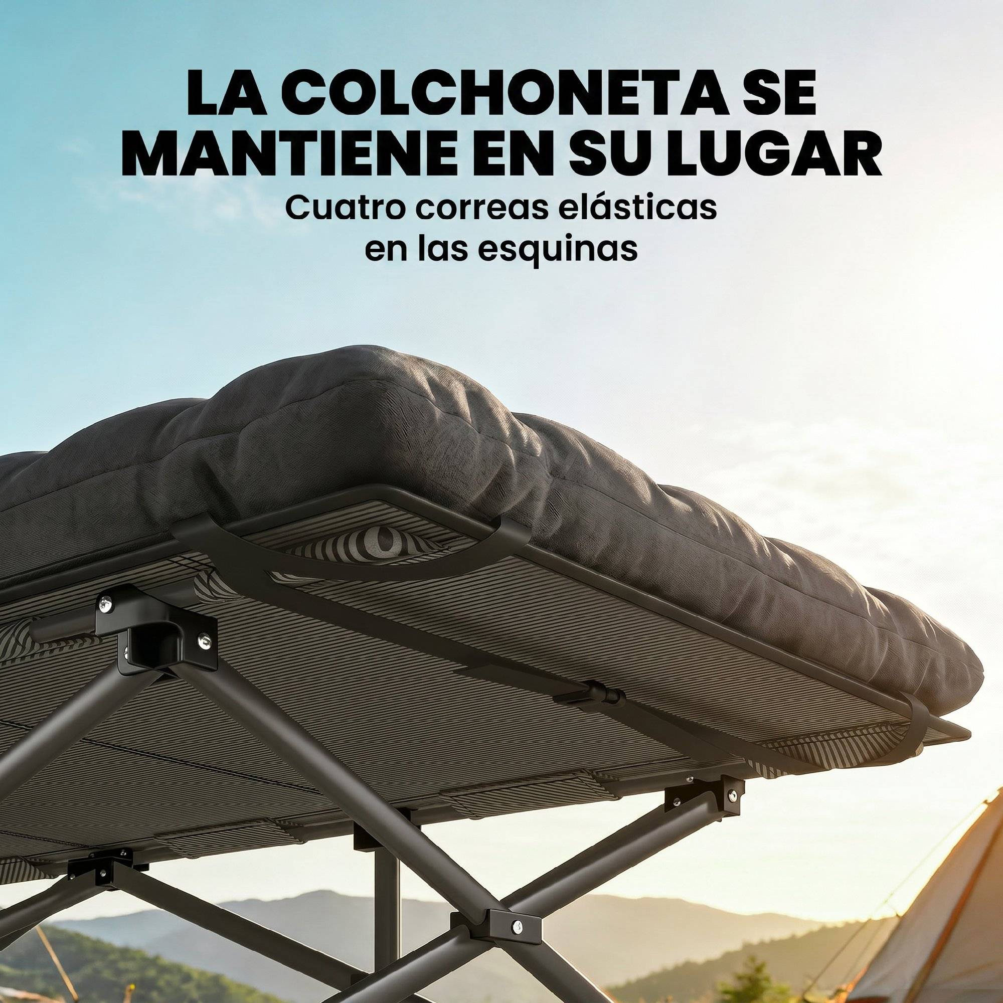 Lit de camp pliant avec matelas amovible en tissu Oxford 600D, appui-tête et sac de transport, capacité de charge 200 kg, noir - Image 8