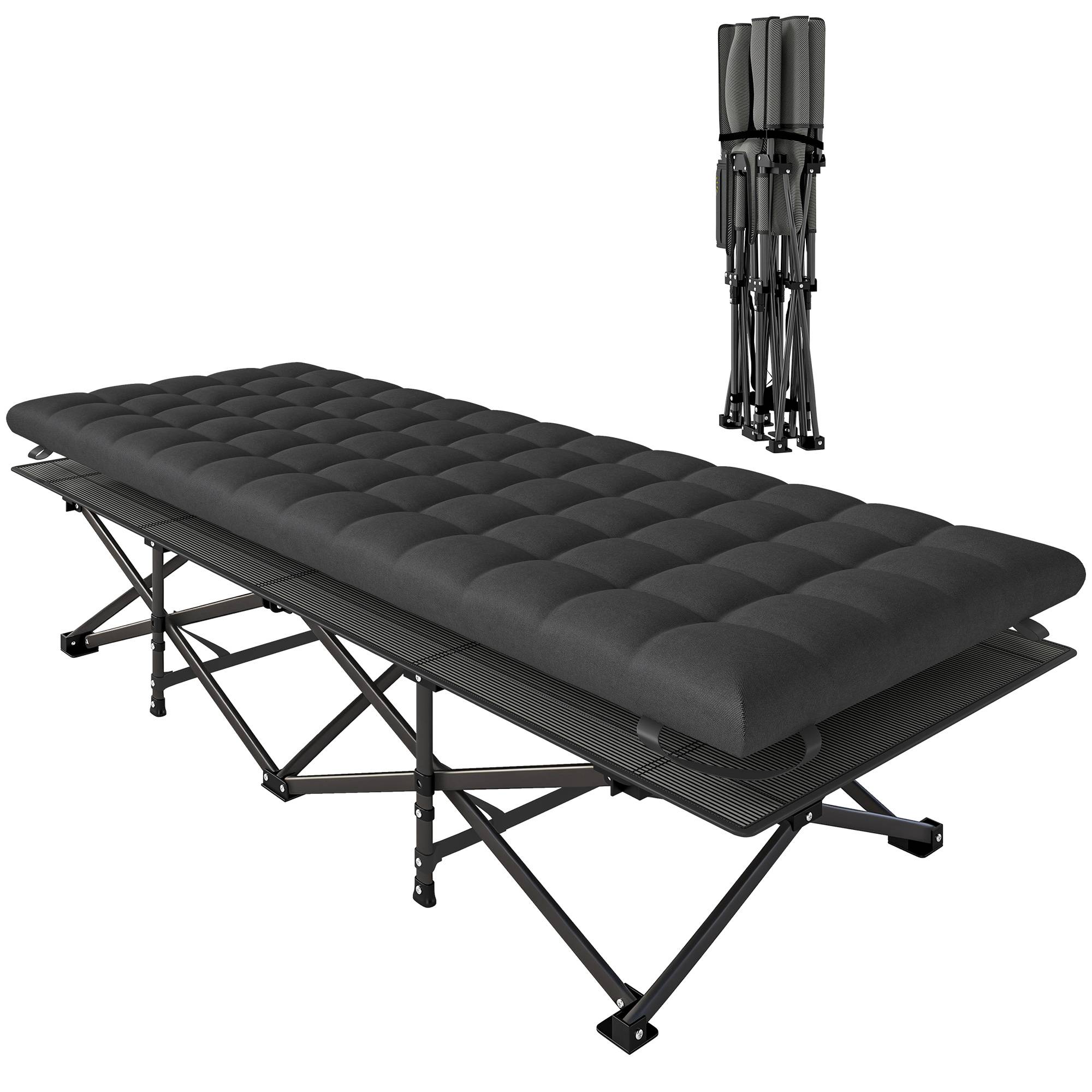 Lit de camp pliant avec matelas amovible en tissu Oxford 600D, appui-tête et sac de transport, capacité de charge 200 kg, noir - Image 1