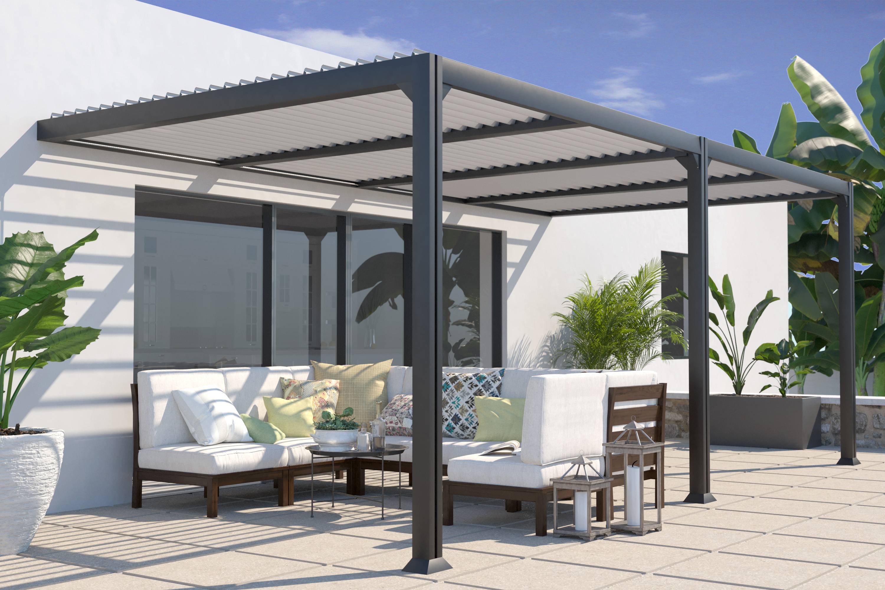 Couleurs du monde - Pergola adossée Seattle 3x6 m lames orientables alu gris anthracite – Couleurs du Monde - Image 1
