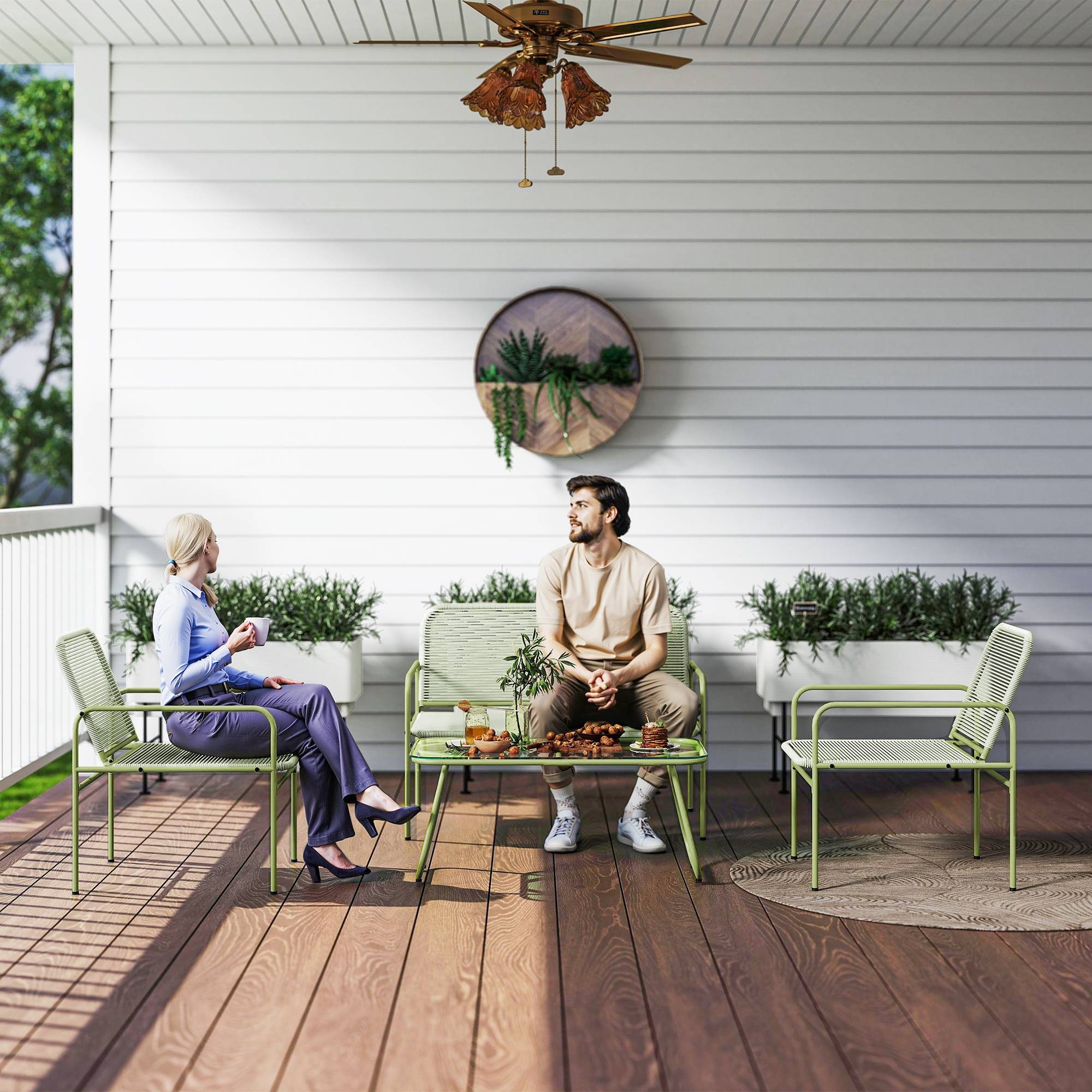 Salon de Jardin Extérieur pour 6 Personnes, Table de Patio Effet Bois et Chaises avec Assise en Maille Respirante - Image 4