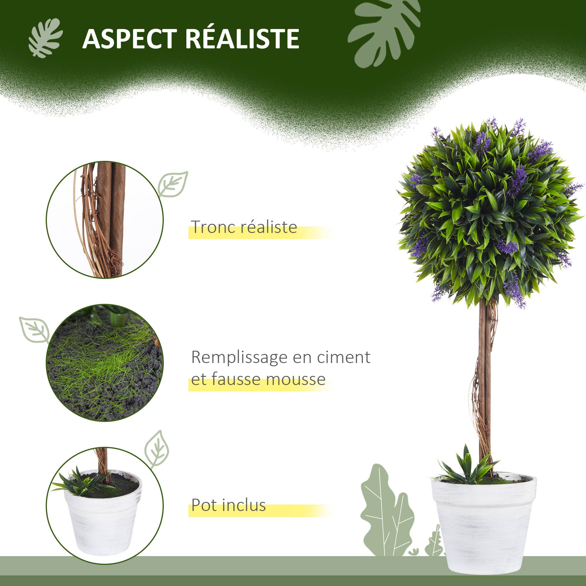 Lot de 2 plantes Artificielles avec fleurs de lavande, tronc et pot inclus - hauteur 60 cm vert - Image 6