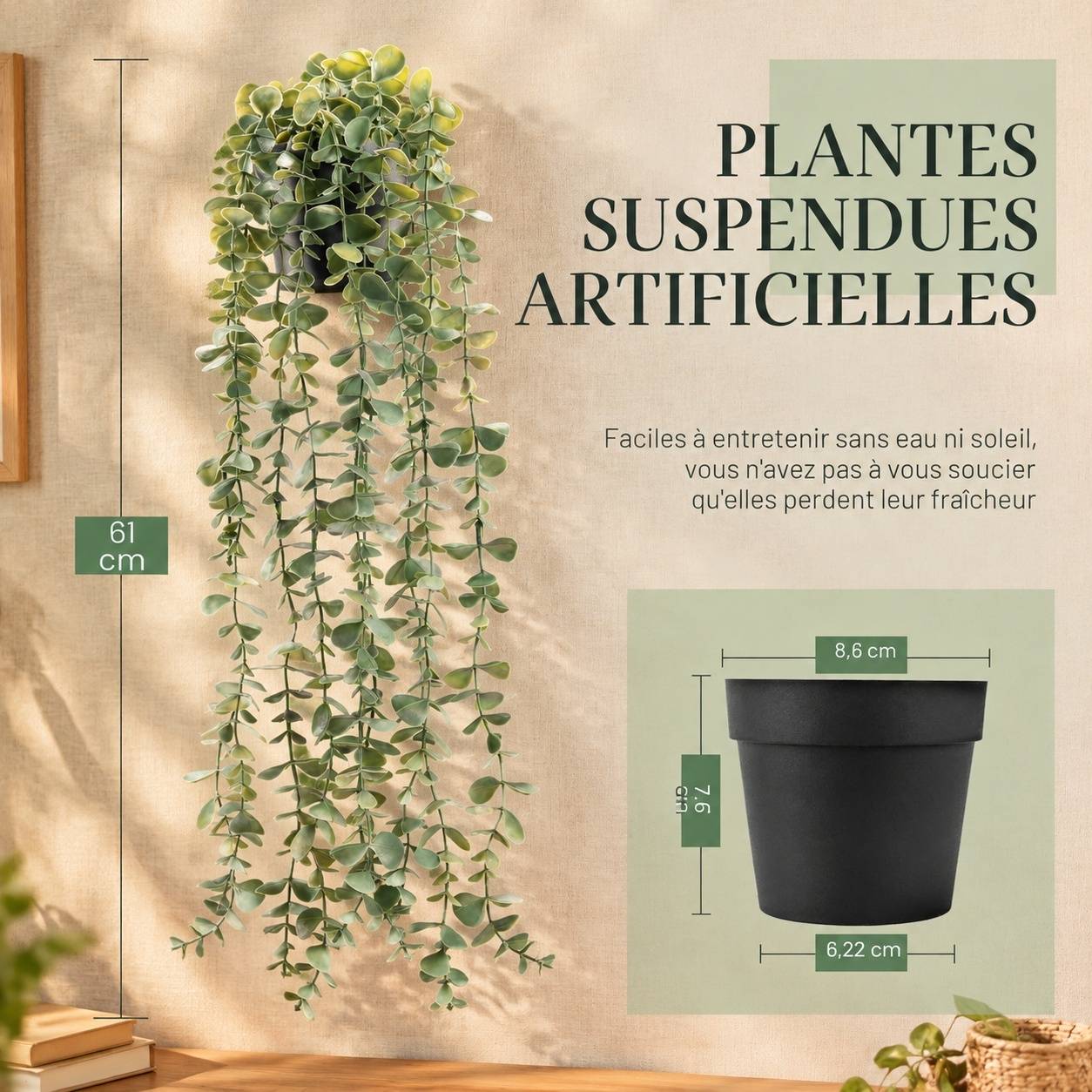 Plante Artificielle Suspendue Eucalyptus Pot Noir Décoration Intérieure Chambre Salle de Bain - Image 3
