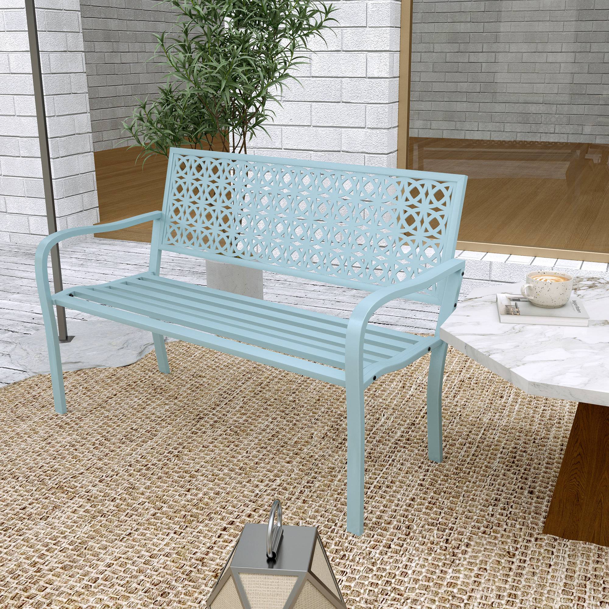 Banc de jardin 2 places, banc extérieur jardin en acier avec dossier ajouré, 127 x 63 x 85 cm, bleu - Image 4