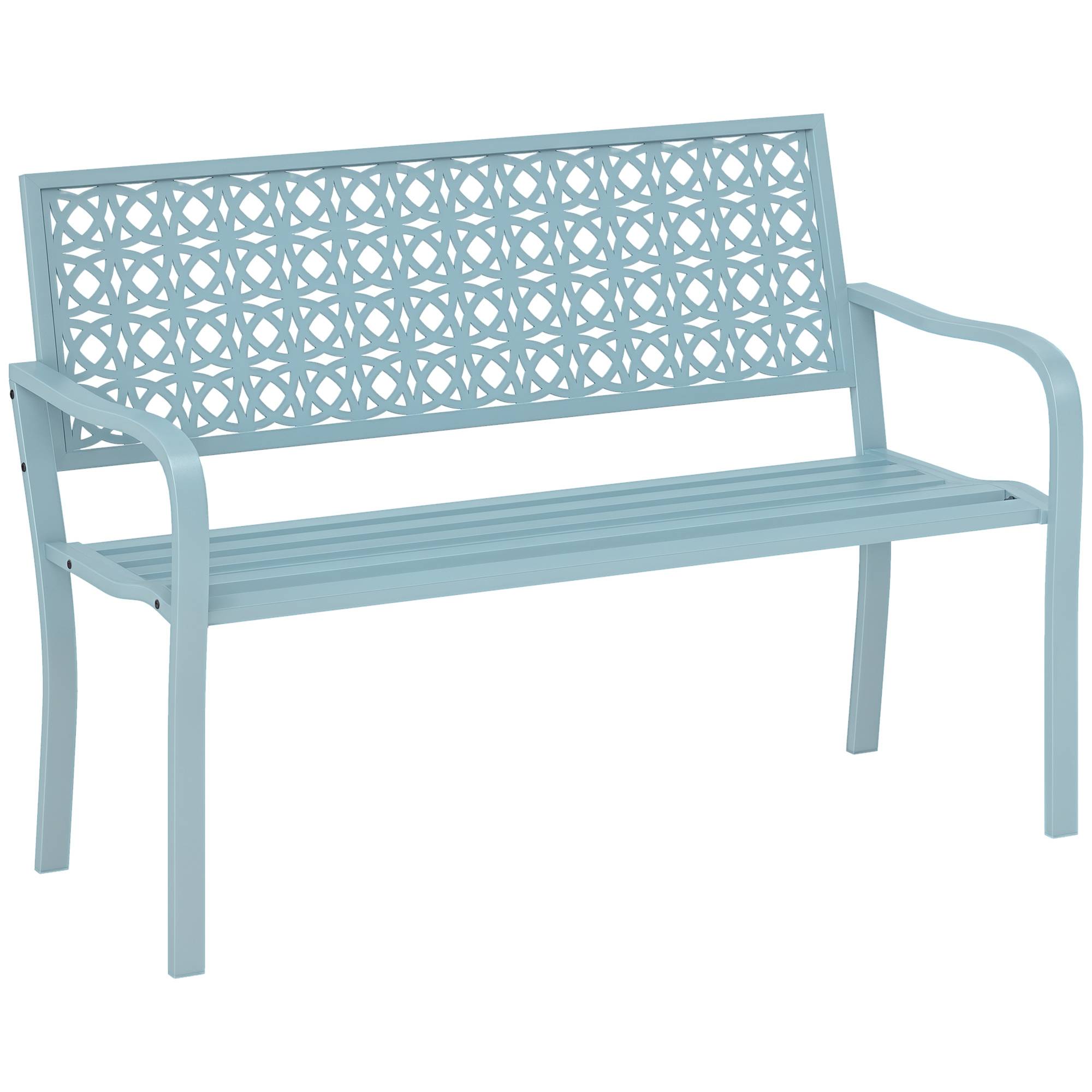 Banc de jardin 2 places, banc extérieur jardin en acier avec dossier ajouré, 127 x 63 x 85 cm, bleu - Image 1