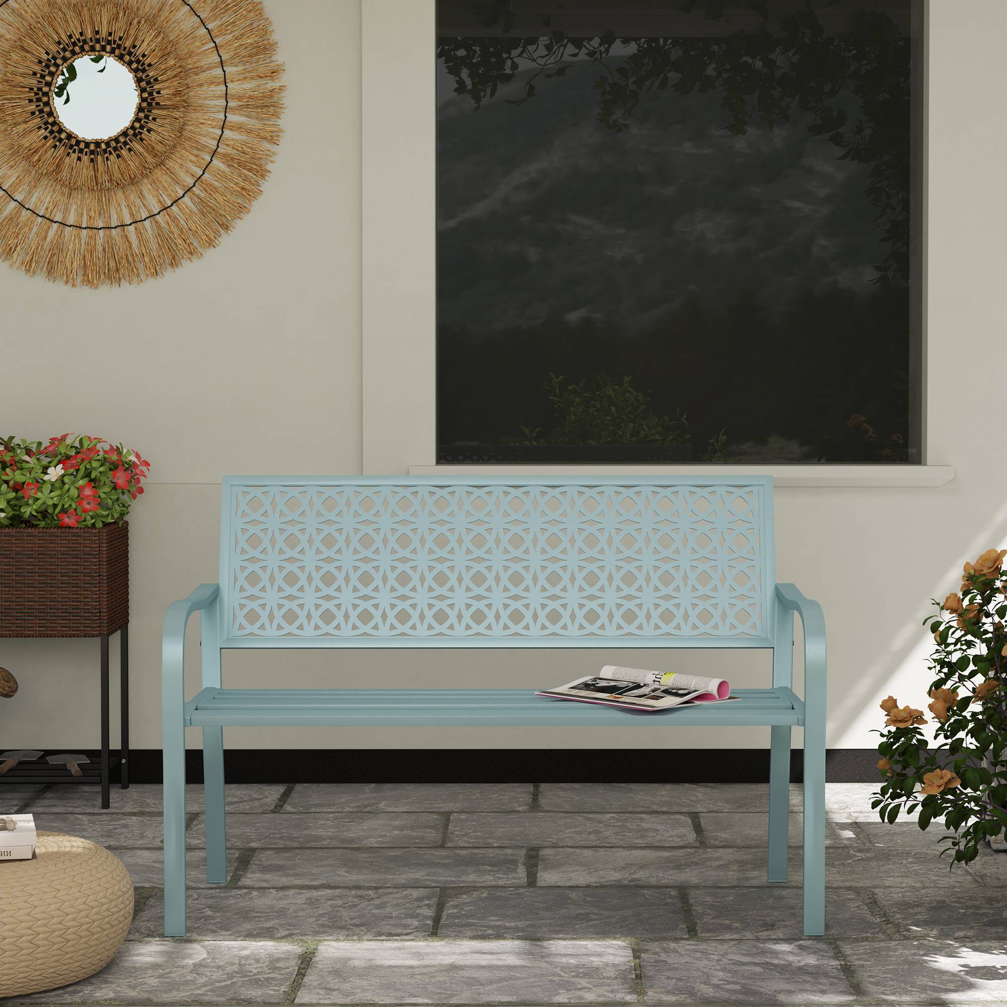 Banc de jardin 2 places, banc extérieur jardin en acier avec dossier ajouré, 127 x 63 x 85 cm, bleu - Image 10