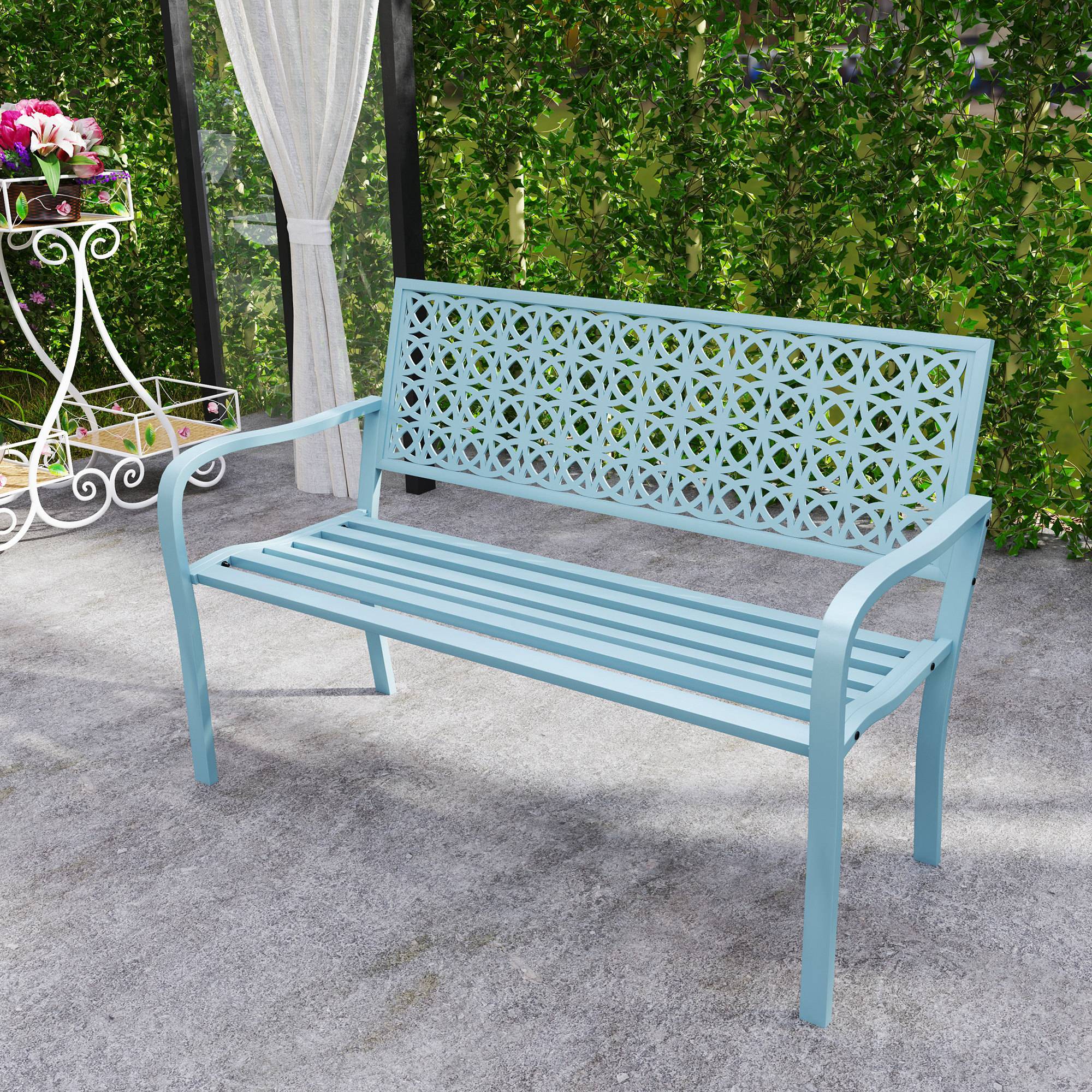 Banc de jardin 2 places, banc extérieur jardin en acier avec dossier ajouré, 127 x 63 x 85 cm, bleu - Image 9