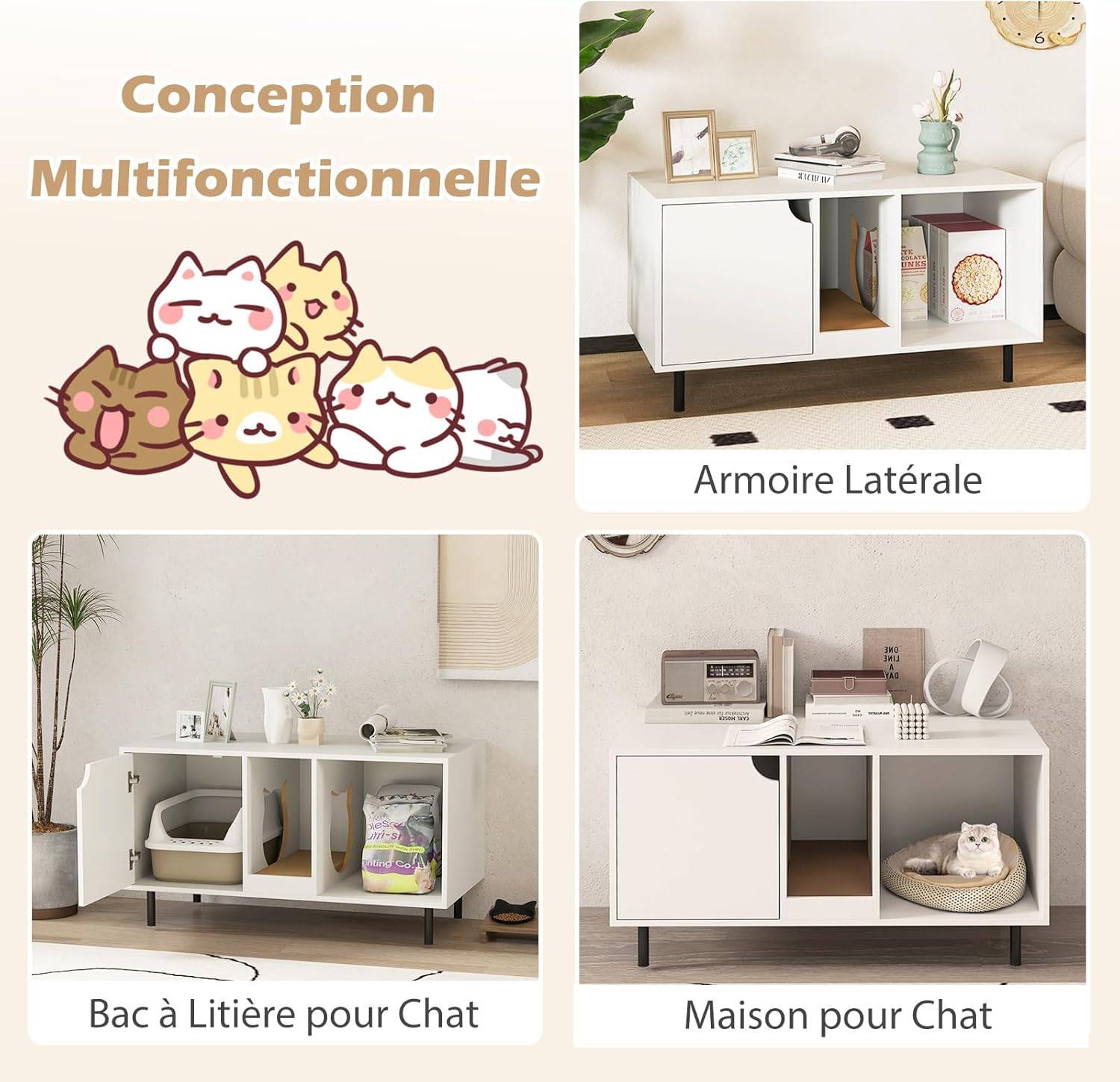 COSTWAY Meuble Litiere Chat en Bois, Maison Chat 3 en 1, Planche à Griffer Amovible, Trous de Chats Mignons, 100×52×55 cm, Blanc - Image 8