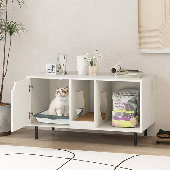 COSTWAY Meuble Litiere Chat en Bois, Maison Chat 3 en 1, Planche à Griffer Amovible, Trous de Chats Mignons, 100×52×55 cm, Blanc - Image 2