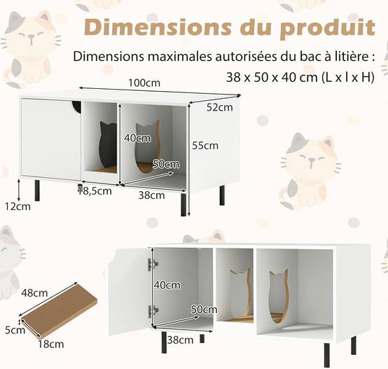 COSTWAY Meuble Litiere Chat en Bois, Maison Chat 3 en 1, Planche à Griffer Amovible, Trous de Chats Mignons, 100×52×55 cm, Blanc - Image 4
