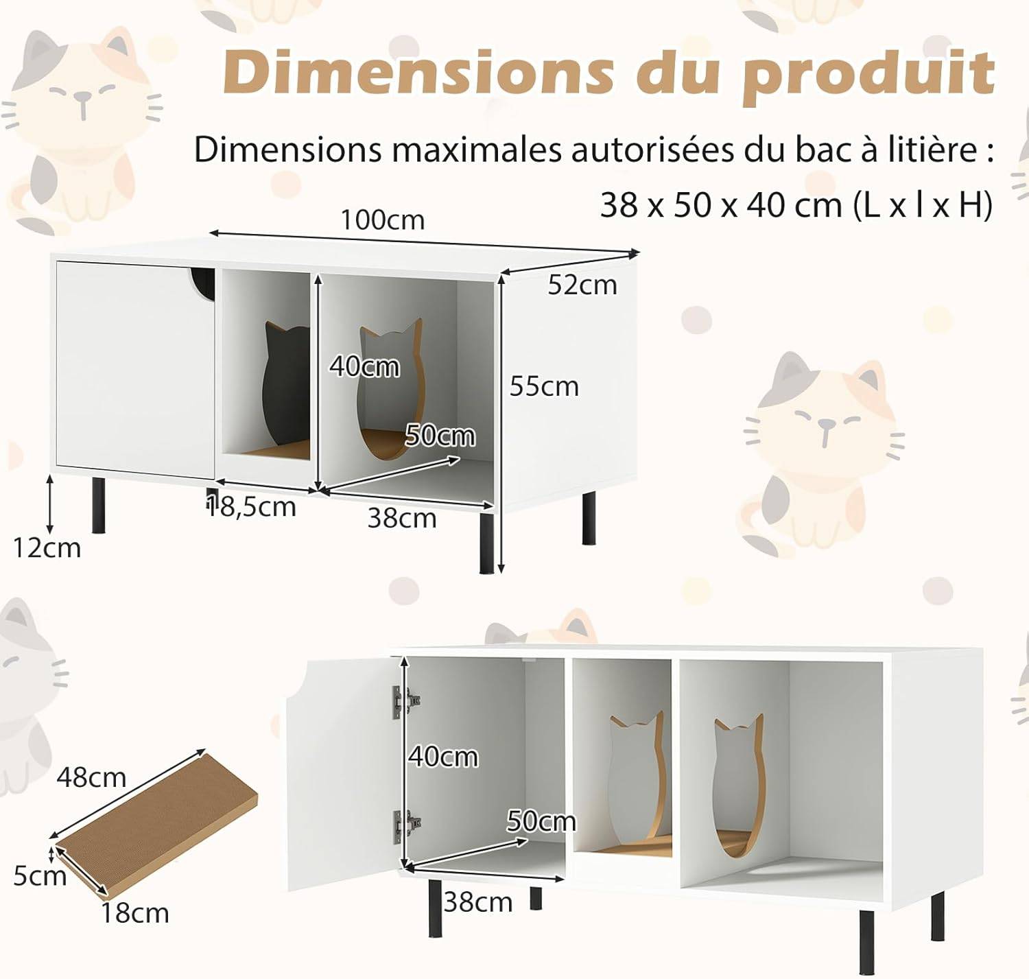 COSTWAY Meuble Litiere Chat en Bois, Maison Chat 3 en 1, Planche à Griffer Amovible, Trous de Chats Mignons, 100×52×55 cm, Blanc - Image 4