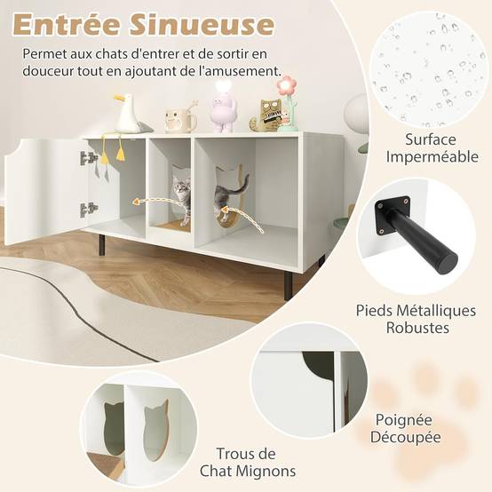 COSTWAY Meuble Litiere Chat en Bois, Maison Chat 3 en 1, Planche à Griffer Amovible, Trous de Chats Mignons, 100×52×55 cm, Blanc - Image 9