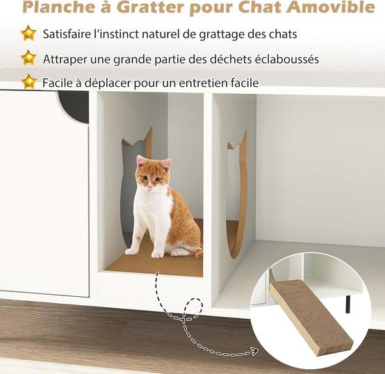 COSTWAY Meuble Litiere Chat en Bois, Maison Chat 3 en 1, Planche à Griffer Amovible, Trous de Chats Mignons, 100×52×55 cm, Blanc - Image 7
