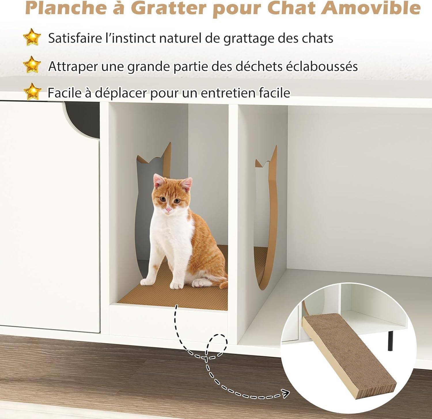 COSTWAY Meuble Litiere Chat en Bois, Maison Chat 3 en 1, Planche à Griffer Amovible, Trous de Chats Mignons, 100×52×55 cm, Blanc - Image 7