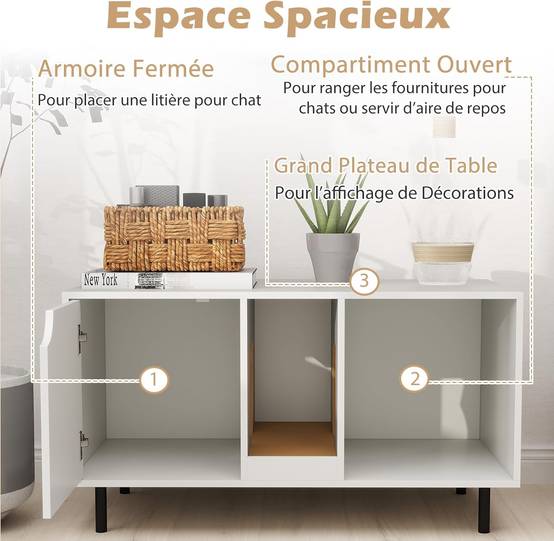 COSTWAY Meuble Litiere Chat en Bois, Maison Chat 3 en 1, Planche à Griffer Amovible, Trous de Chats Mignons, 100×52×55 cm, Blanc - Image 5