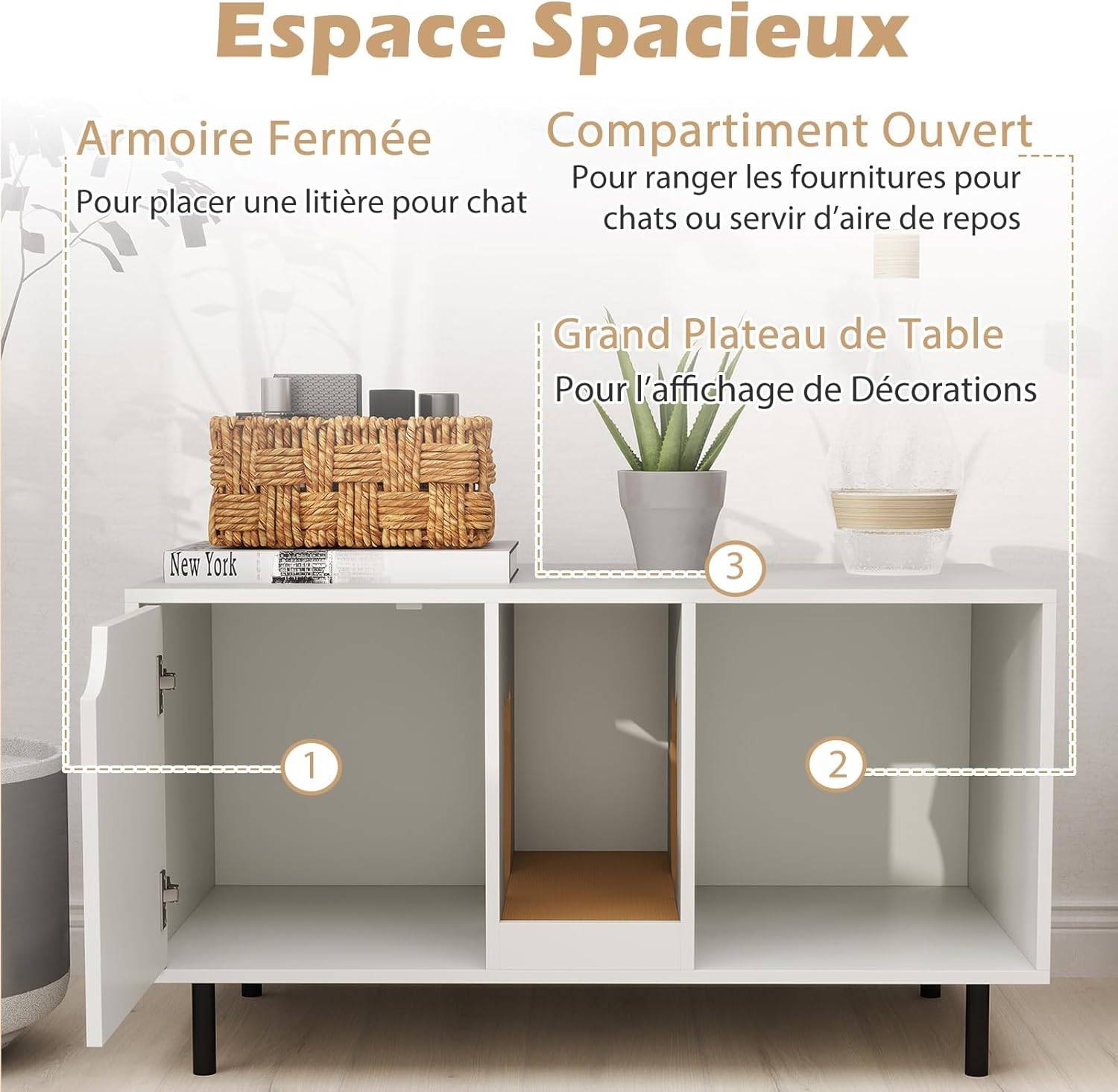 COSTWAY Meuble Litiere Chat en Bois, Maison Chat 3 en 1, Planche à Griffer Amovible, Trous de Chats Mignons, 100×52×55 cm, Blanc - Image 5