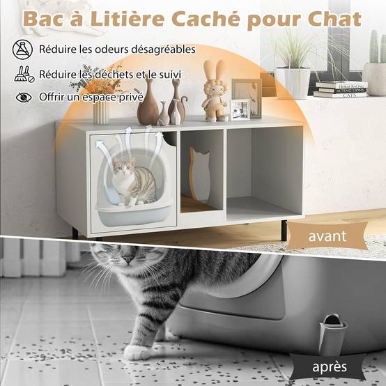 COSTWAY Meuble Litiere Chat en Bois, Maison Chat 3 en 1, Planche à Griffer Amovible, Trous de Chats Mignons, 100×52×55 cm, Blanc - Image 6
