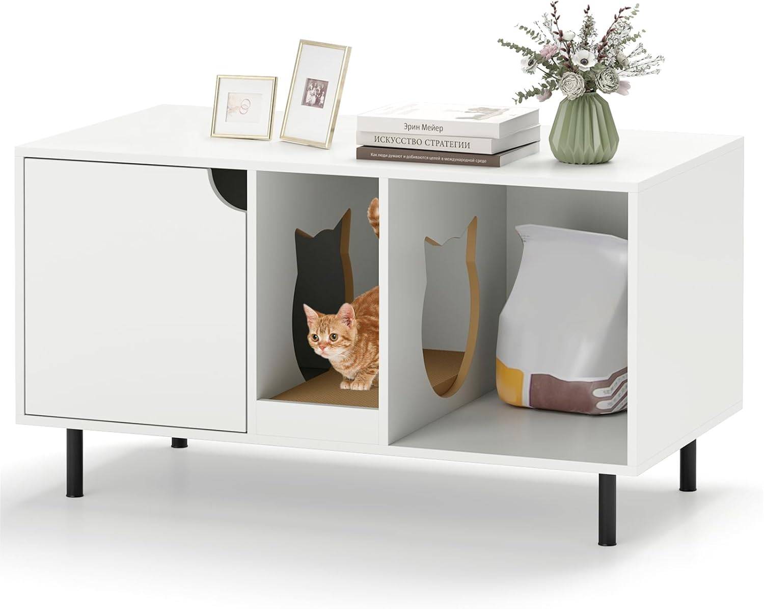 COSTWAY Meuble Litiere Chat en Bois, Maison Chat 3 en 1, Planche à Griffer Amovible, Trous de Chats Mignons, 100×52×55 cm, Blanc - Image 1