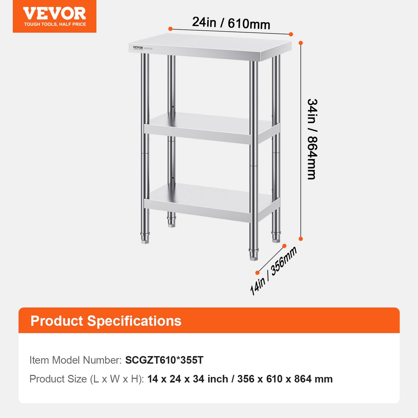 Vevor - VEVOR Station préparation inox 14"x24"x34". Pour cuisines commerciales, 2 étagères flexibles. Barbecue, domicile. - Image 7