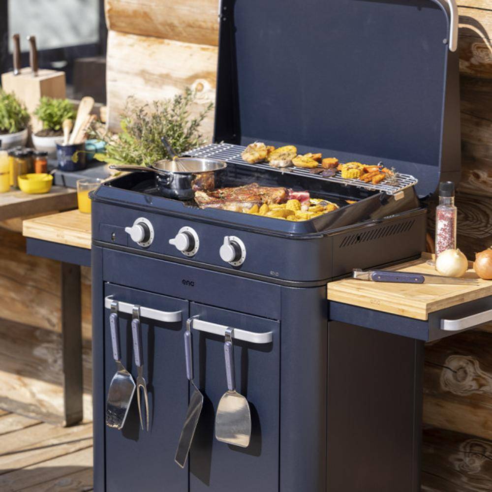 Eno - Plancha gaz fonte émaillée Eno 80 Enosign blue navy 3 brûleurs 70 x 40 - Image 1