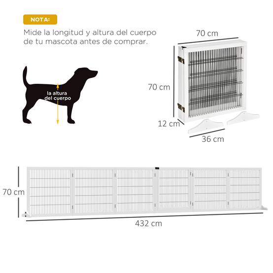 Barrière de sécurité pliante en bois pour chiens, pour escaliers et portes, avec support, 432 x 36 x 70 cm, blanche - Image 5