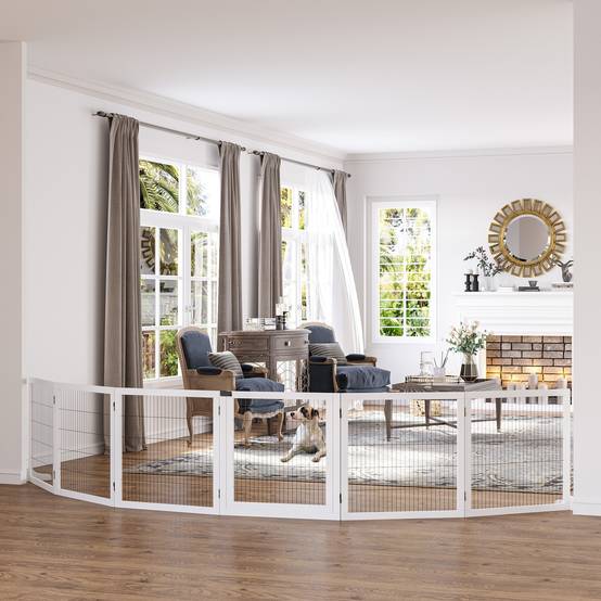 Barrière de sécurité pliante en bois pour chiens, pour escaliers et portes, avec support, 432 x 36 x 70 cm, blanche - Image 3
