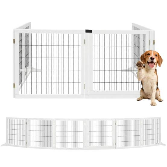 Barrière de sécurité pliante en bois pour chiens, pour escaliers et portes, avec support, 432 x 36 x 70 cm, blanche - Image 1