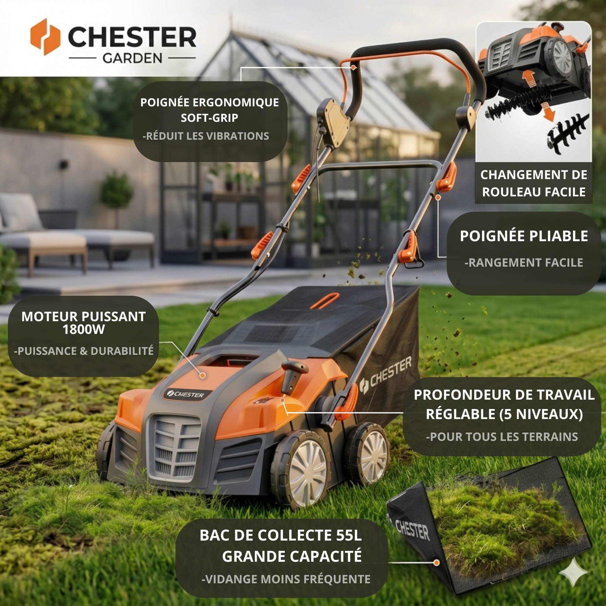 Chester - Scarificateur, Démousseur, Aérateur et Émousseur électrique 1800W CHESTER | 2 en 1 | Largeur 40cm | Entretien Gazon & Pelouse - Image 2