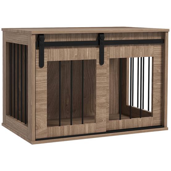 Cage d'intérieur 2 en 1 acier et bois pour chiens avec porte coulissante 80x54cm Marron - ComfortXL Outdoor Living - Image 1