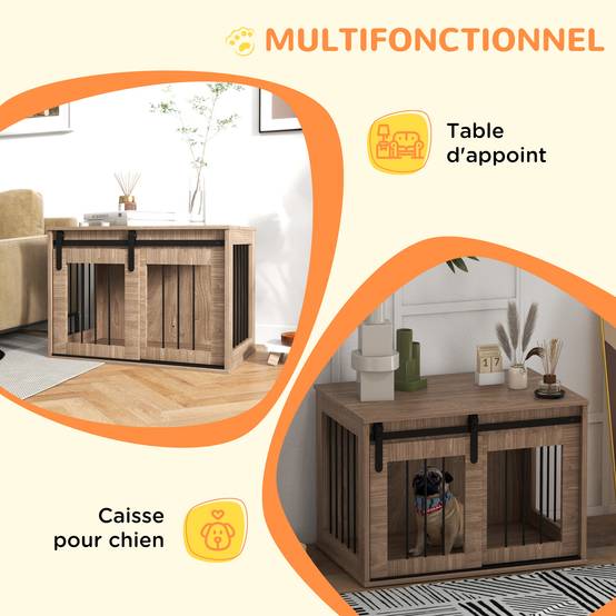 Cage d'intérieur 2 en 1 acier et bois pour chiens avec porte coulissante 80x54cm Marron - ComfortXL Outdoor Living - Image 7