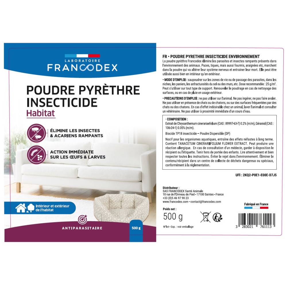 Francodex - Poudre insecticide pyrèthre Habitat 500g - Image 3