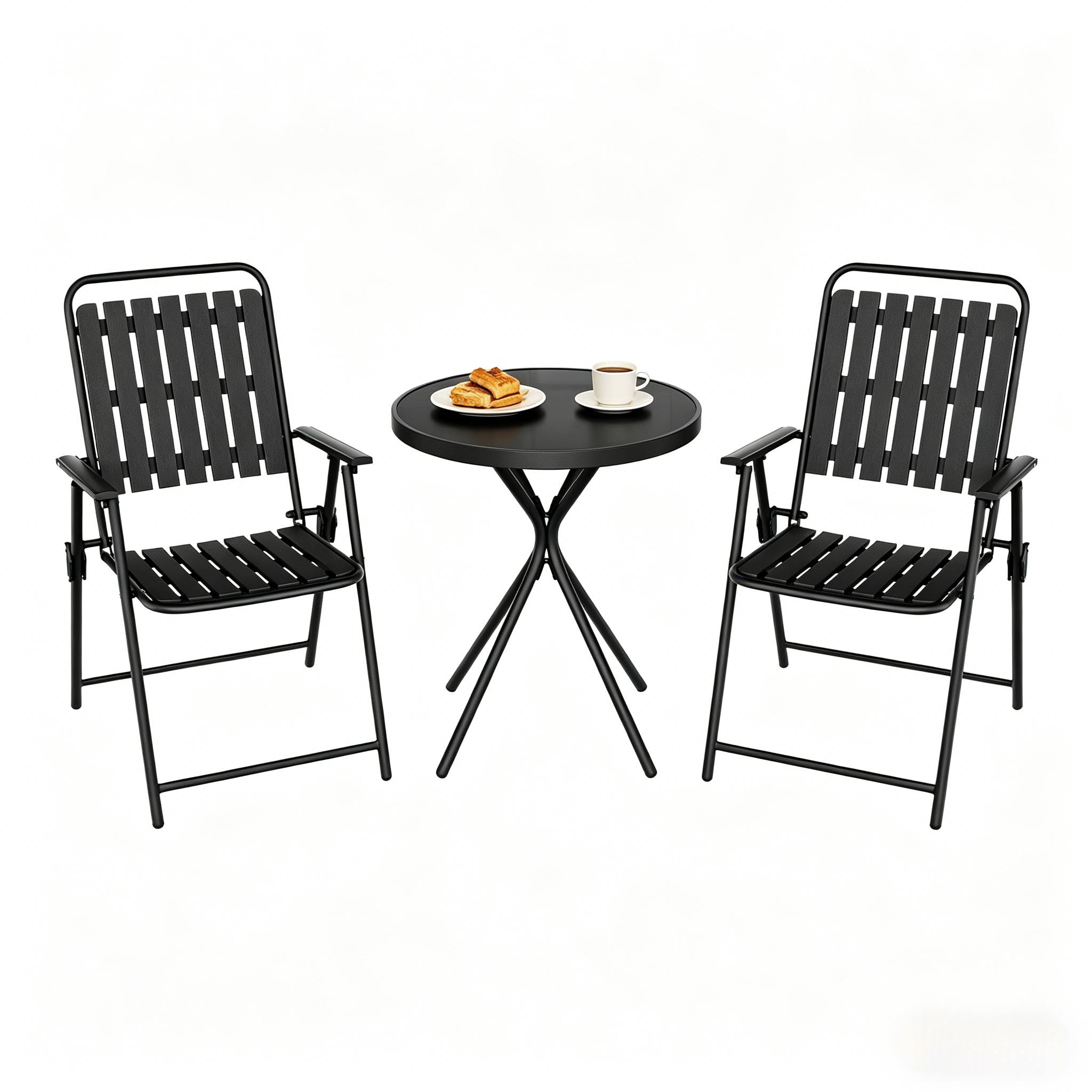 Table ronde + 2 chaises noires – pliantes, stylées, prêtes à sortir
