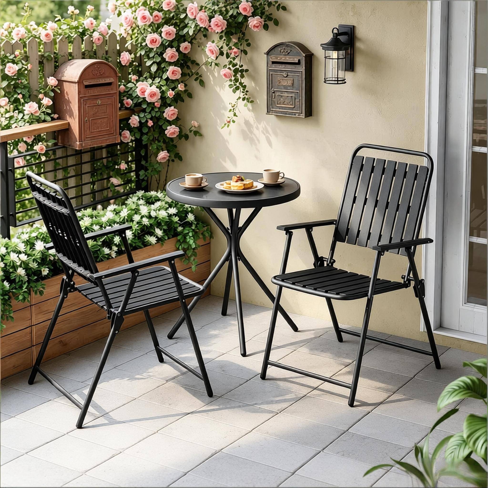 Table ronde + 2 chaises noires – pliantes, stylées, prêtes à sortir - Image 5