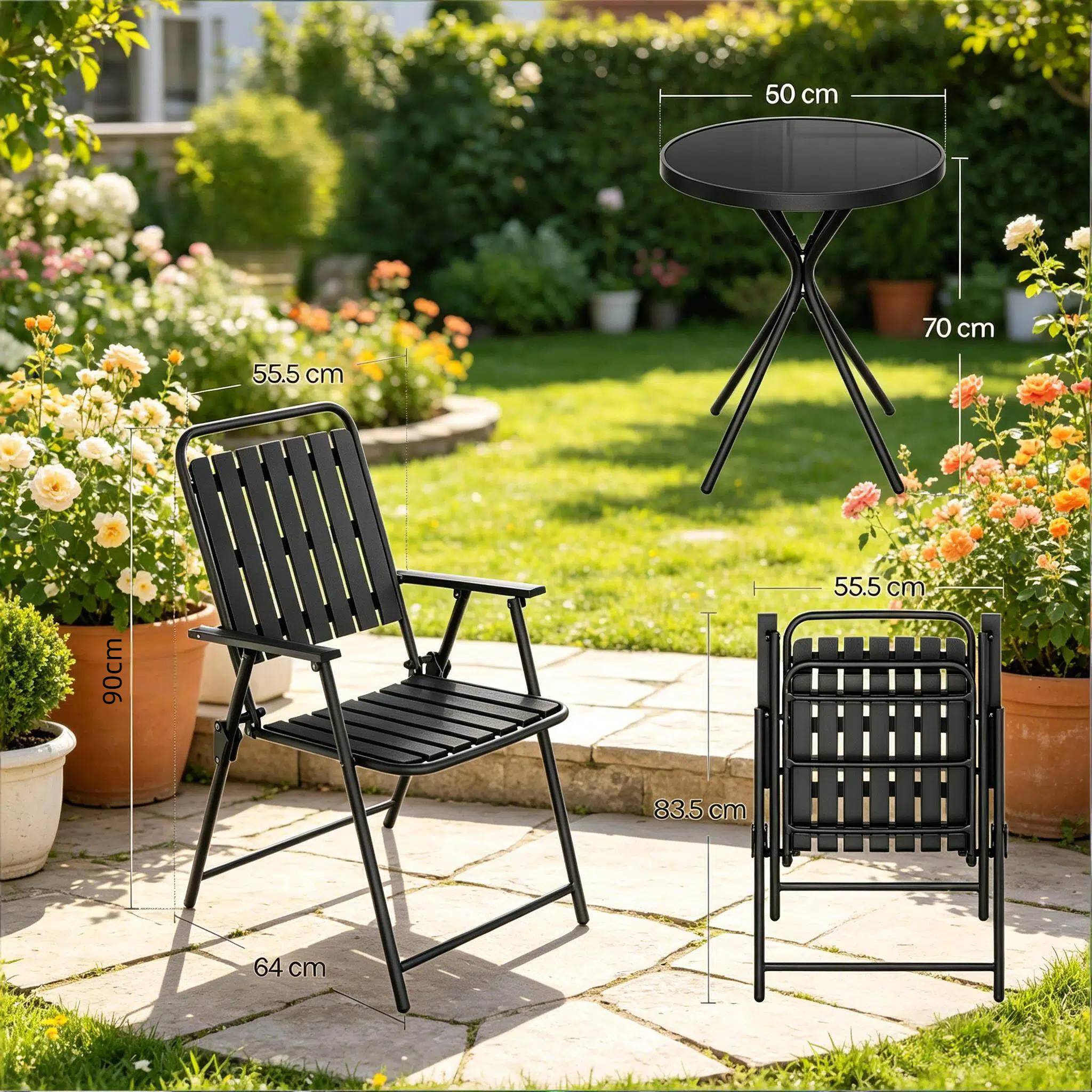 Table ronde + 2 chaises noires – pliantes, stylées, prêtes à sortir - Image 2