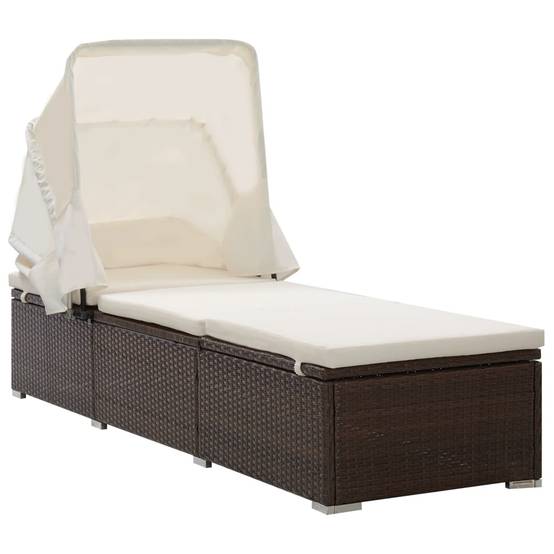 Chaise longue | Transat | Bain de soleil avec auvent et coussin résine tressée marron - Image 2