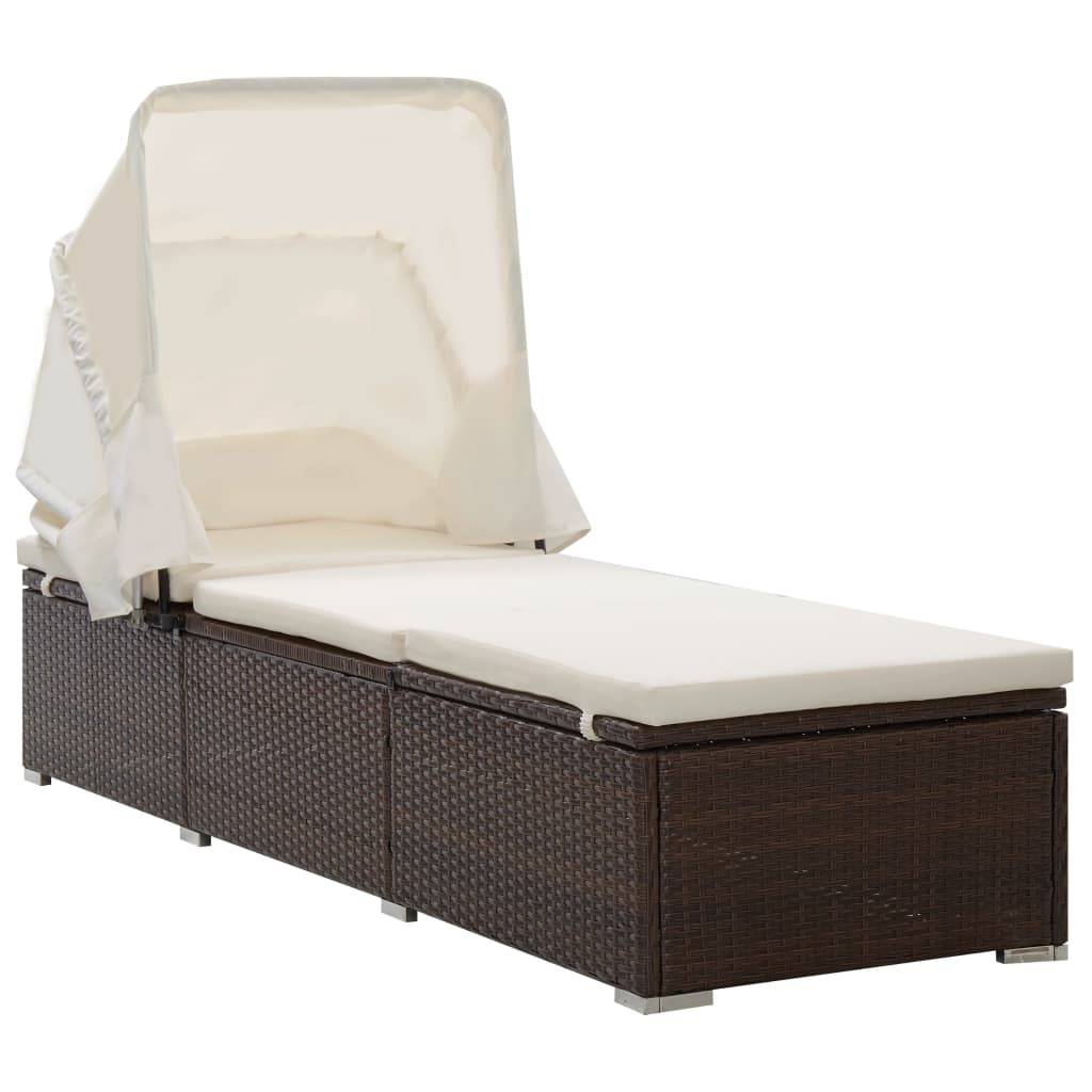 Chaise longue | Transat | Bain de soleil avec auvent et coussin résine tressée marron - Image 2