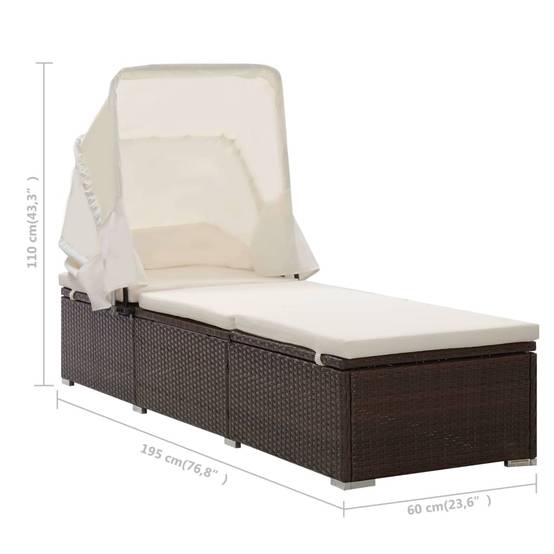 Chaise longue | Transat | Bain de soleil avec auvent et coussin résine tressée marron - Image 8