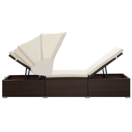Chaise longue | Transat | Bain de soleil avec auvent et coussin résine tressée marron - Image 5