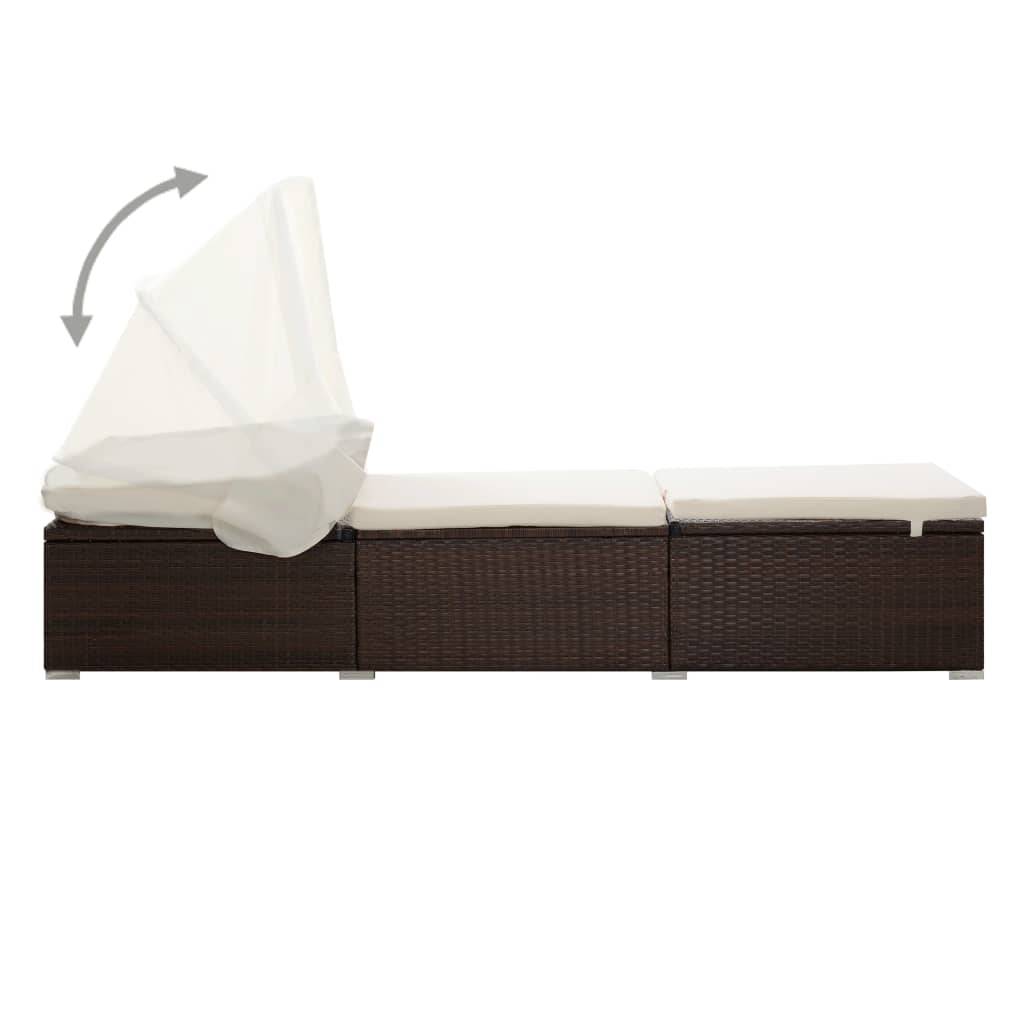 Chaise longue | Transat | Bain de soleil avec auvent et coussin résine tressée marron - Image 4