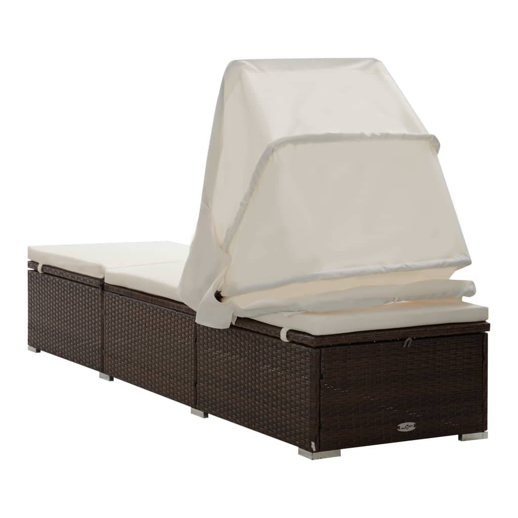 Chaise longue | Transat | Bain de soleil avec auvent et coussin résine tressée marron - Image 6