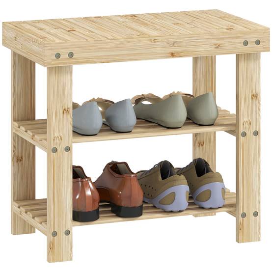 Banc à chaussures en bambou naturel, étagère à chaussures à 2 niveaux, siège intégré, pour entrée, couloir, 50 x 28 x 45 cm - Image 1