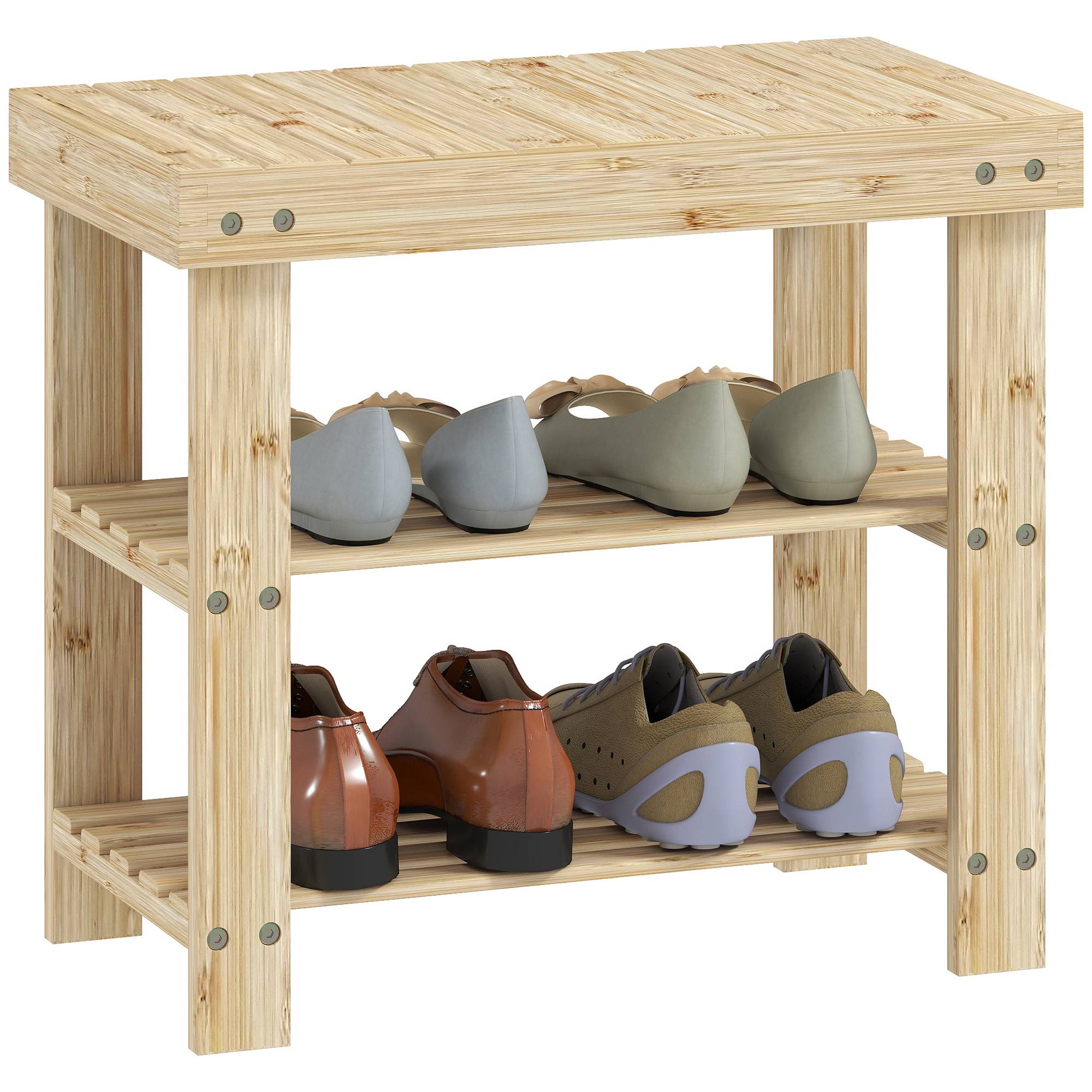 Banc à chaussures en bambou naturel, étagère à chaussures à 2 niveaux, siège intégré, pour entrée, couloir, 50 x 28 x 45 cm - Image 1